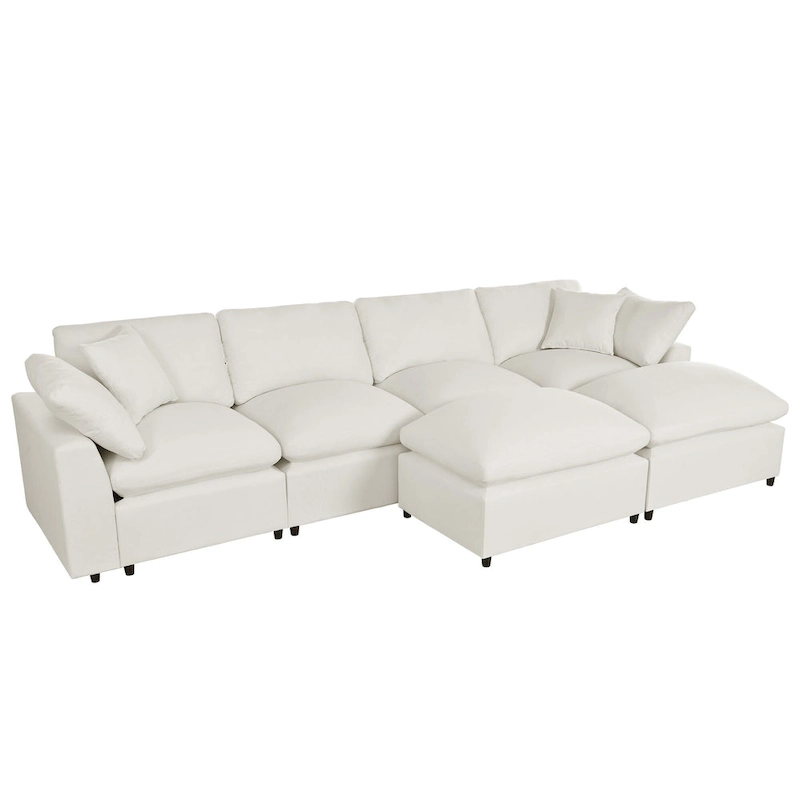 Beige 134.40 Modern U-Shaped 6 Seater Sectional Sofa with 2 Large Chaises, Removable Ottomans and Soft Cushions