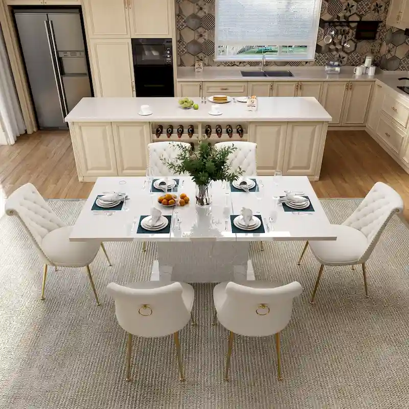 7-Piece Clihome High-gloss Extendable Table Velvet Chair Dining Set