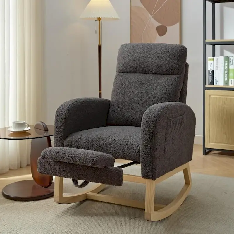 Modern 29.5 High Back Upholstered Rocking Chair with Solid Wood Legs and Adjustable Footrest