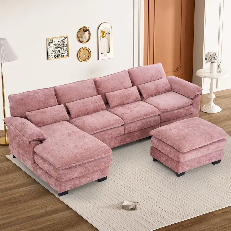 Ouyessir Soft Chenille Fabric U-shaped Sectional Sofa Set with Doudle Layer Cushion