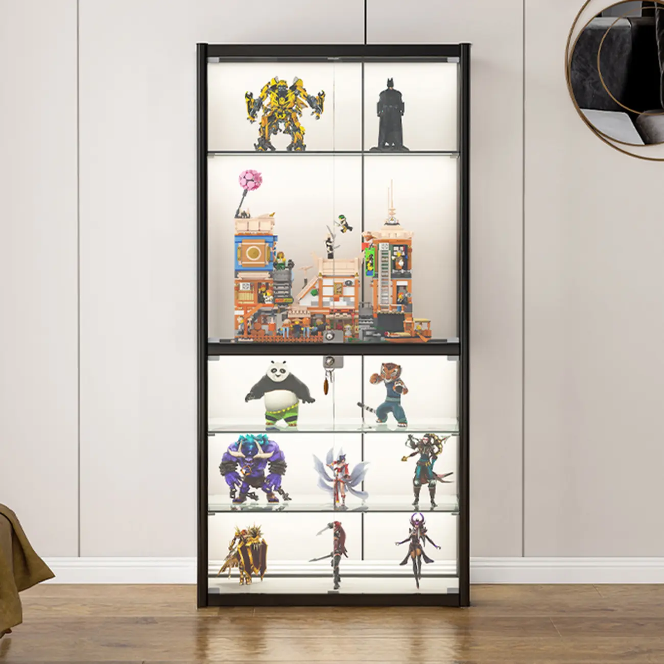 Adjustable Black Metal Shelf Glass Display Cabinet