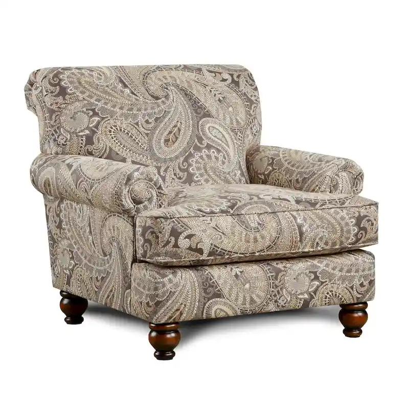 Paisley Print Accent Chair – Beige, Rolled Arms, Traditional Style, Single Seat