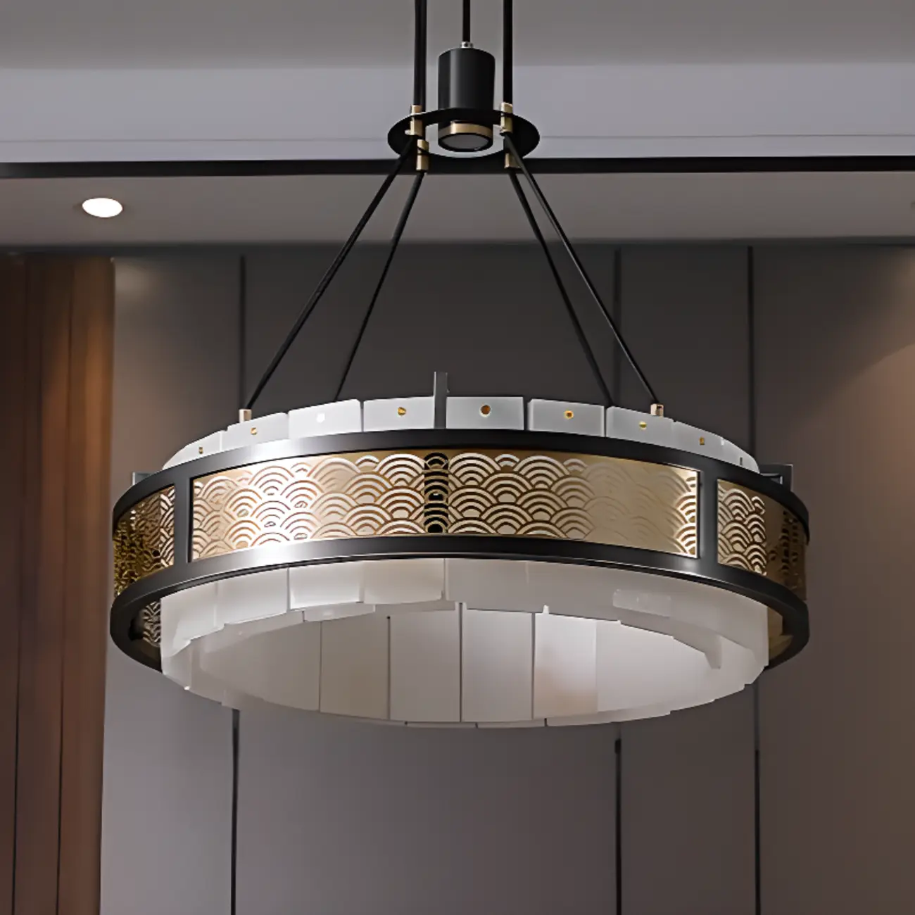 Black Metal Circle Stone Shade Modern Pendant Chandelier