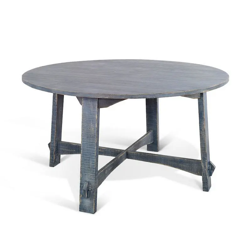 Rena Dining Table, 54 Inch Round Planked Ocean Blue Mahogany Wood