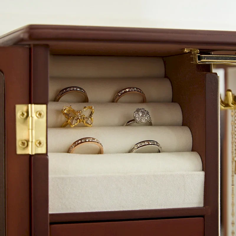 NAT Solid Wooden Jewelry Box with 3-Drawers Built-in Necklace Carousel and Mirror brown - 10*5.2*11.7in