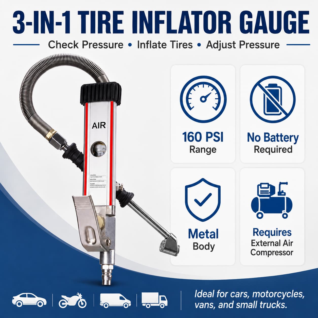 SEAPENG DP-704 Mechanical Tire Inflator Gauge, 5-160 PSI for cars, trucks, RVs and garages