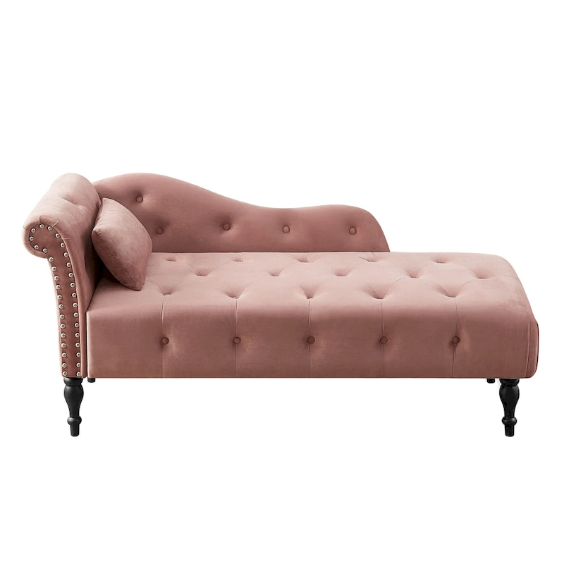 Modern 60.6  Velvet Upholstered Buttons Tufted Chaise Lounge Chair with Solid Wood Legs and Nailheads