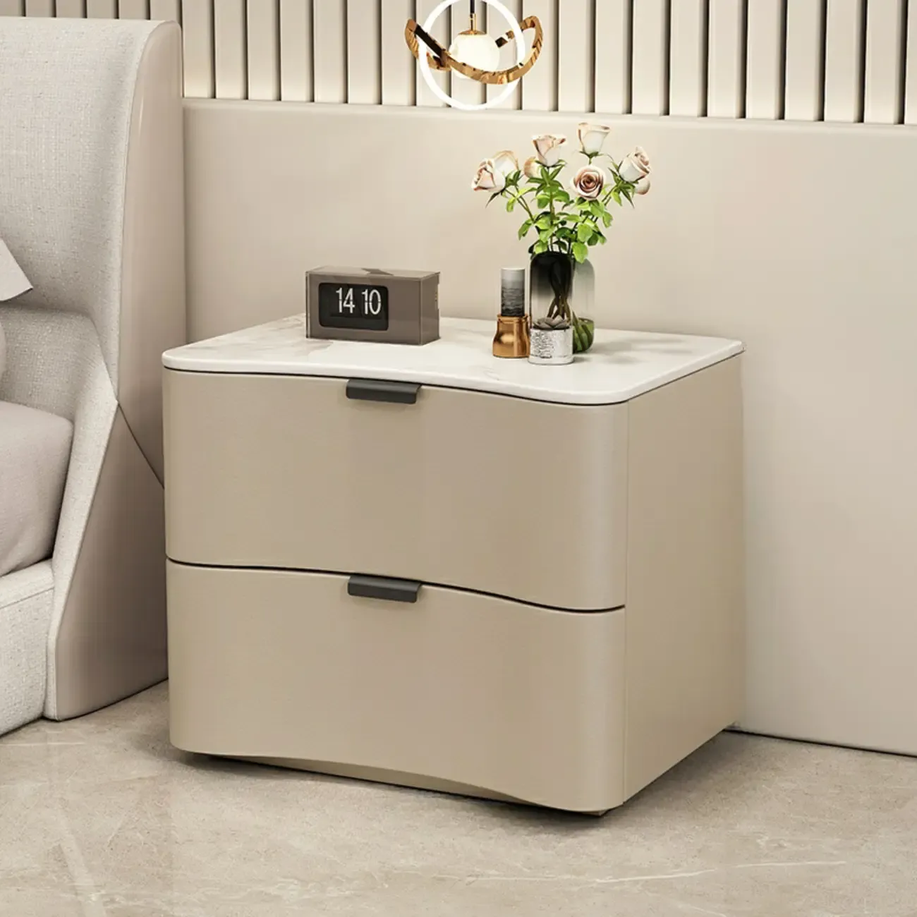 Modern Waved Stone Top Leather 2-Drawer Nightstand