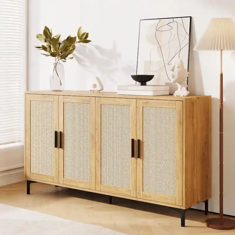 JASIWAY Buffet Table Kitchen Sideboard with Rattan Decorated Doors