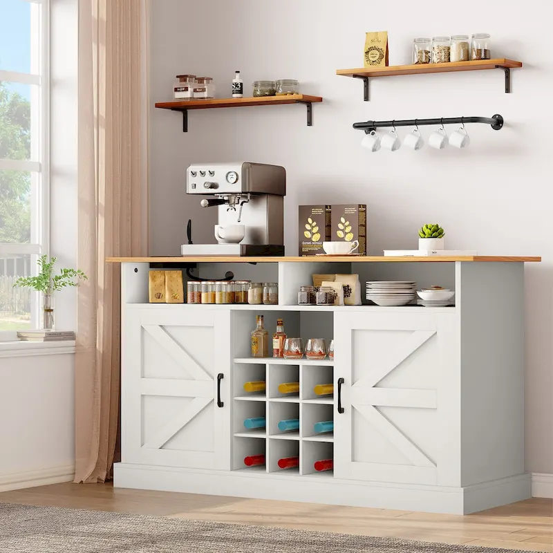 52 Farmhouse Coffee Bar Cabinet with Floating Shelf - 15.75 D x 52 W x 34 H