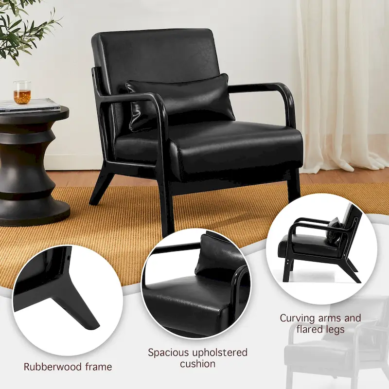Glitzhome 30.75H Mid-Century Modern PU Leather Armchair Accent Chair with Pillow - 25.75W x 33.75D x 30.75H