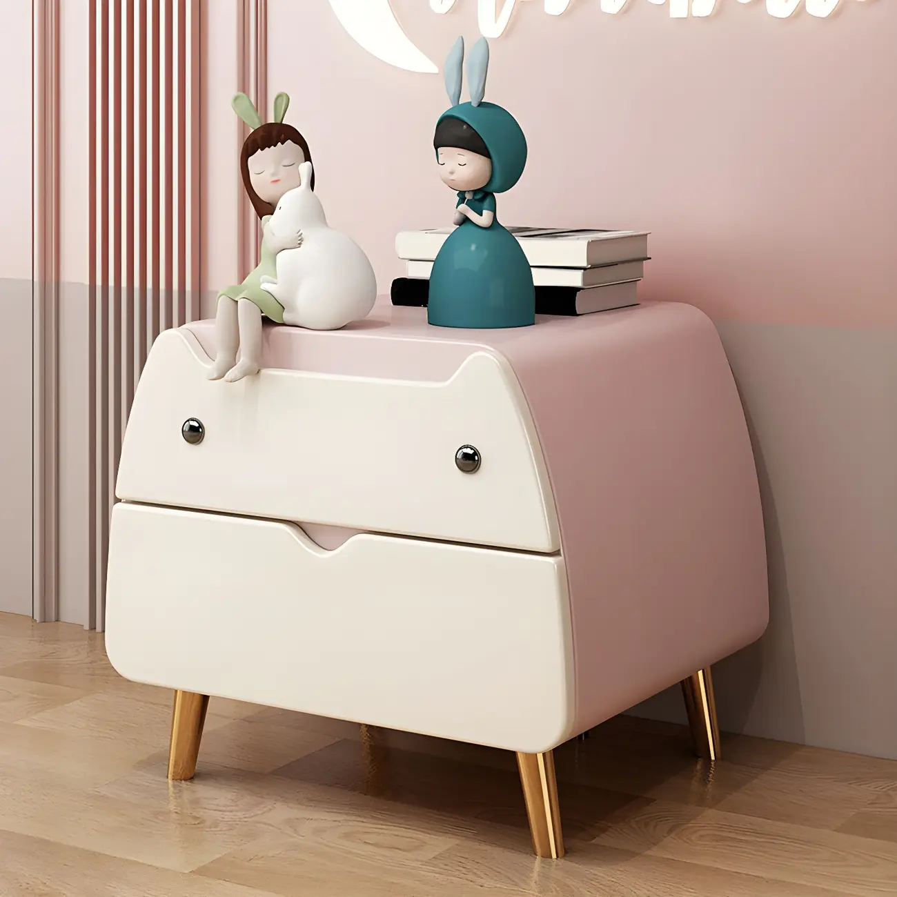Pink Cute Cat Shape Scandinavian Nightstand with 2 Drawers