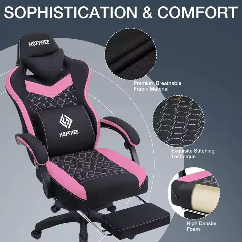 Hoffree Breathable Fabric Massage Gaming Chair Ergonomic Office PC Chair with Footrest & Adjustable
