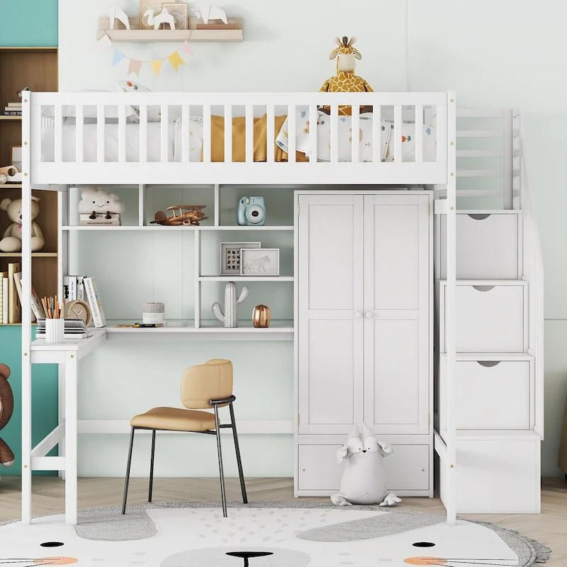 Full Loft Beds Stairway Loft Bed Frame with Wardrobe, Desk, Bookshelf and Drawers