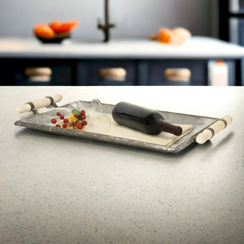 Gray Metal Galvanized Tray With Rolling Pin Handles