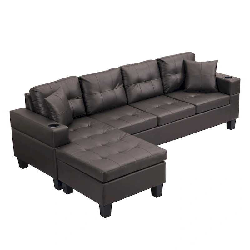Brown 96.06 Modern L-Shaped 4 Seater Sectional Sofa with Chaise Lounge, Cup Holders, and Throw Pillows