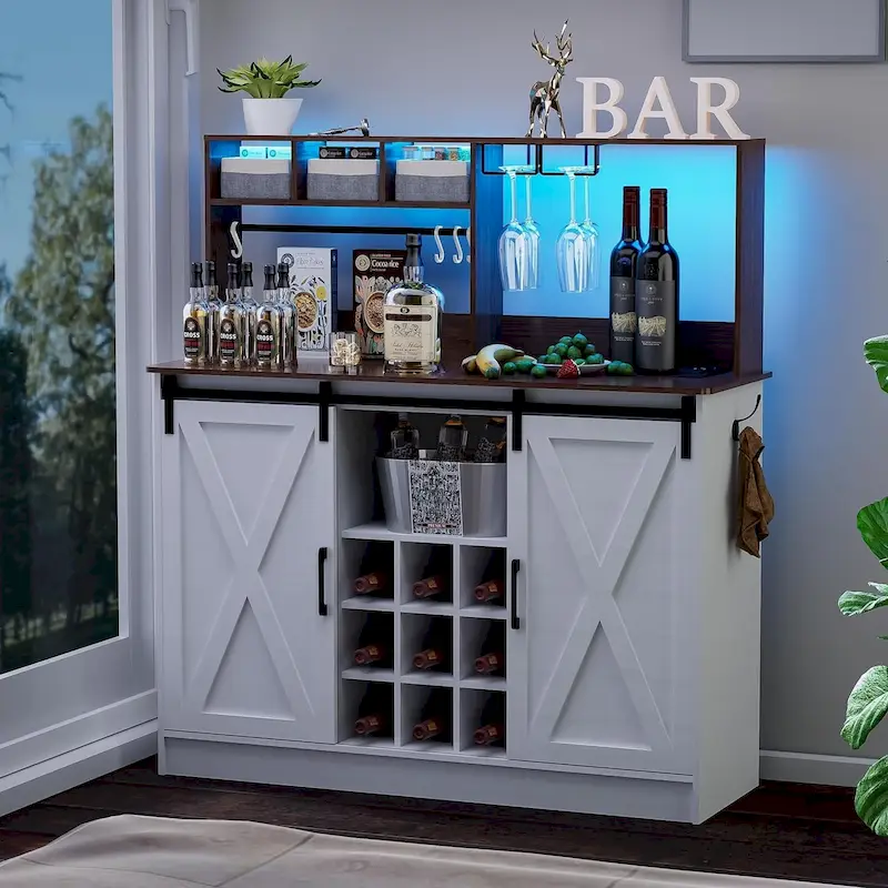 Coffee Bar Cabinet, 47  Sideboard Buffet Cabinet with 20-color LED Lights and 6.5FT Outlet