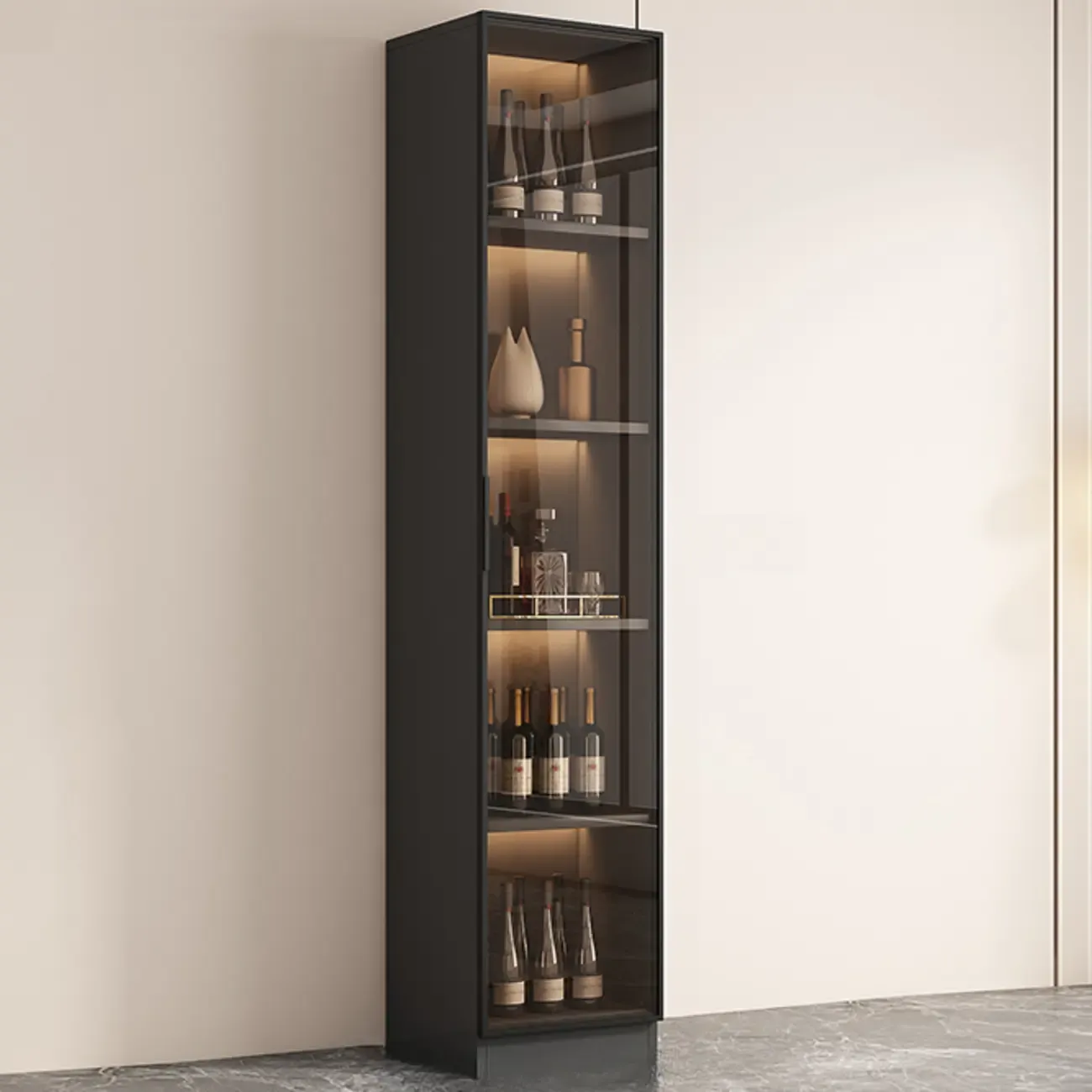 Tall Narrow Black Wood Display Cabinet with Light