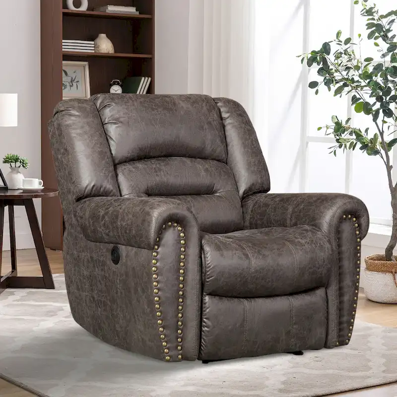 Breathable Leather Power Recliner With USB Port for Living Room and Theater