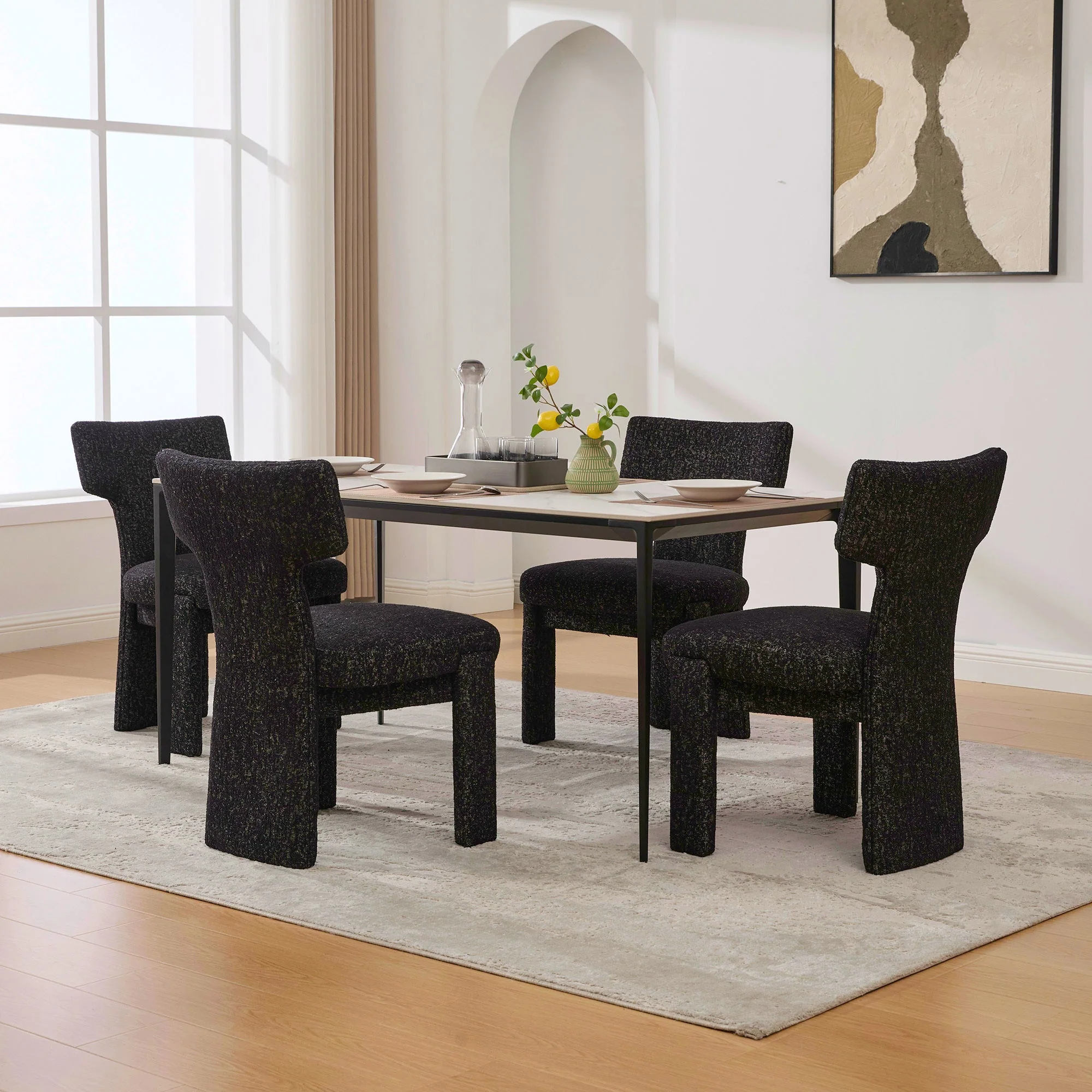 Curve Design Wide Modern Upholstered Chenille Dining Chair Set of 4