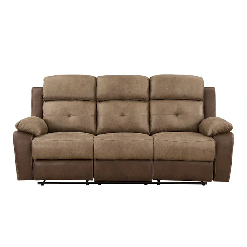Emma 84 Inch Double Manual Recliner Sofa, Soft Brown Microfiber, Solid Wood