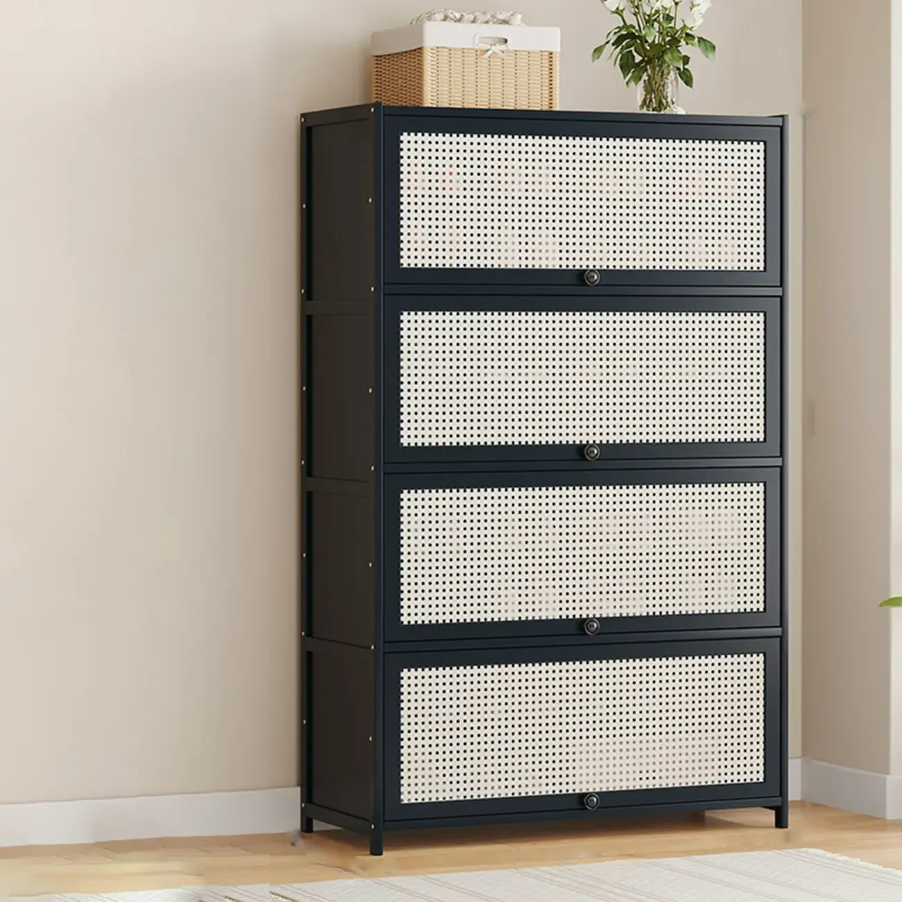 Modern Black Bamboo Shoe Cabinet with Rattan Panels