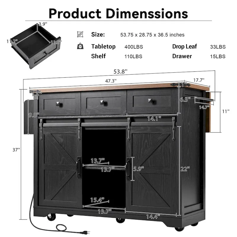 Kitchen Island with Power Outlet and Drop Leaf tabletop