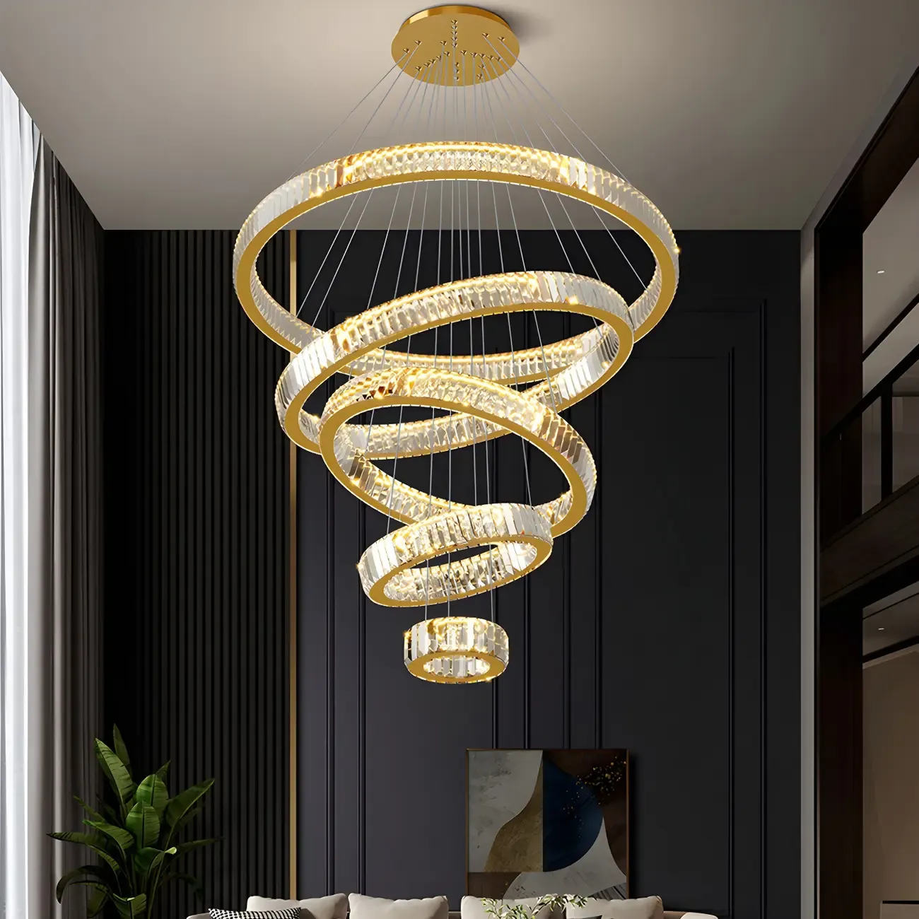 Gold Spiral Ring Crystal Tier Chandelier Modern Remote LED