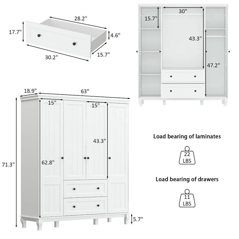 Home Traditional 2 Drawer Freestanding Wood Armoire in White Lacquer - 63 Wx71.3