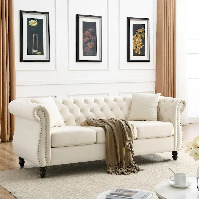 Beige Velvet Chesterfield 3 Seater Sofa with Rolled Arms, Nailhead Trim, 2 Pillows