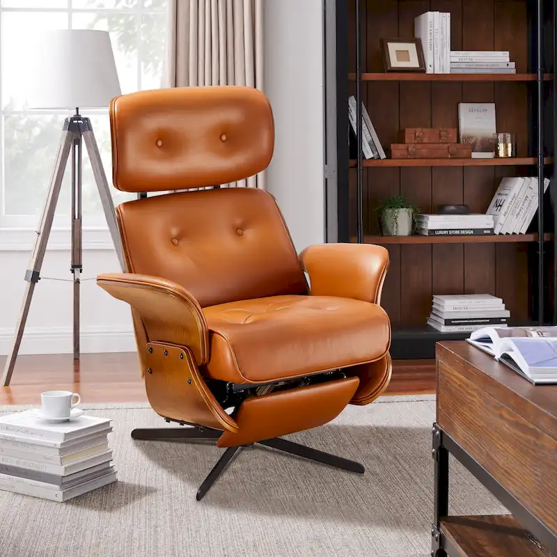 Art Leon Mid-century Modern Genuine Leather Lounge Chair Recliner