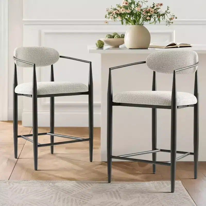 Set of 3 Upholstered Counter Height Bar Stools, Beige/Black, Tapered Metal Legs