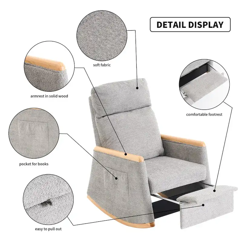 Accent Rocking Chair with Footrest High Back Rubber Wood Rocking Legs Bedroom Living Space