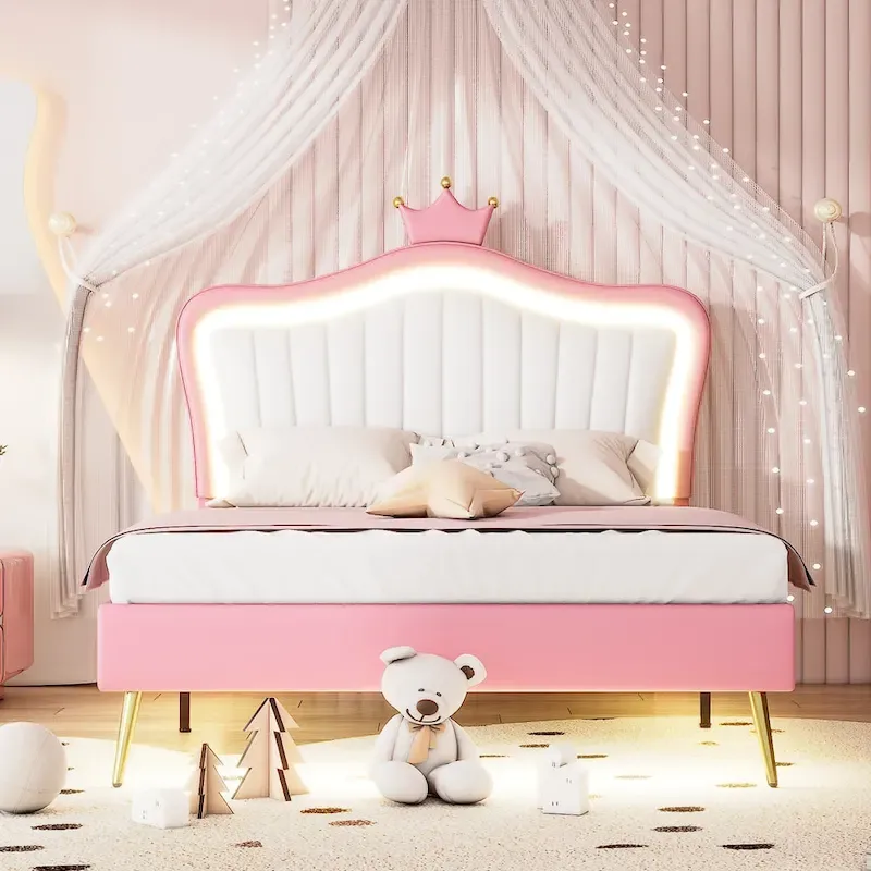 Pink LED Crown Headboard Platform Bed with MDF, Plywood, PU & Metal Frame – 600 lbs Capacity