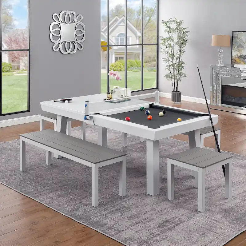 Indoor/Outdoor 7ft Slate Pool Table 6-Seater Dining Set with 4 Benches & Accessories, White Finish