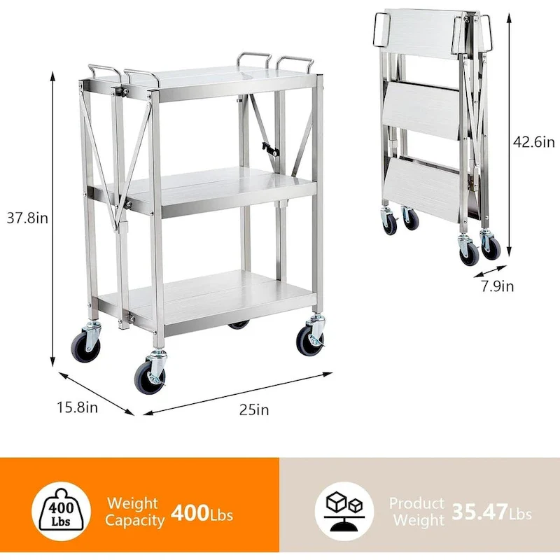 Foldable Utility Silver 3-Tier Service Cart with Wheels Lockable - N/A
