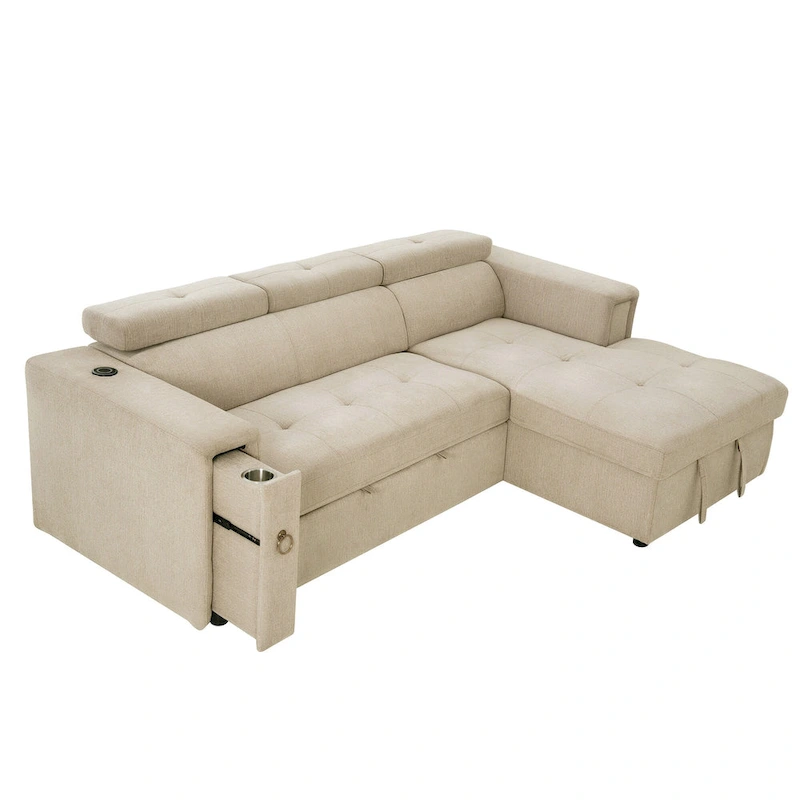 Beige L-Shape Sleeper Sectional Sofa with Adjustable Headrest & Charging