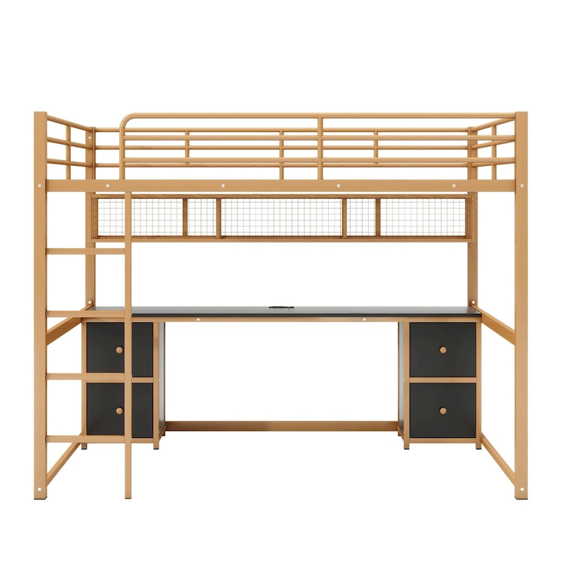 Gold+Black Full Metal Loft Bed with Desk, Drawers & Charging Station