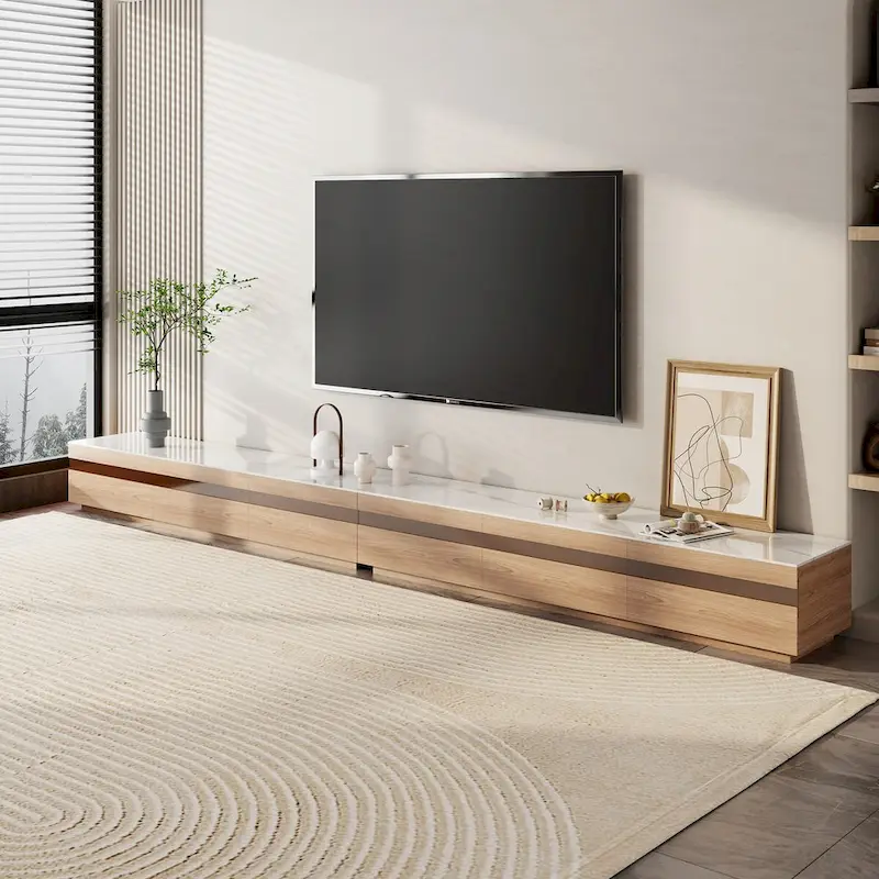 Modern Light Wood TV Stands, Glossy Stone Table-top, 3-6Drawers, Fully Assembled