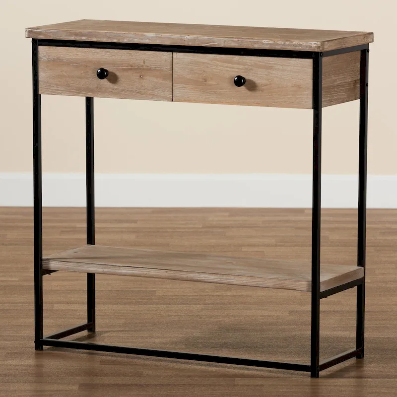 Silas Modern Industrial Natural Brown Finished Wood and Black Metal 2-Drawer Console Table