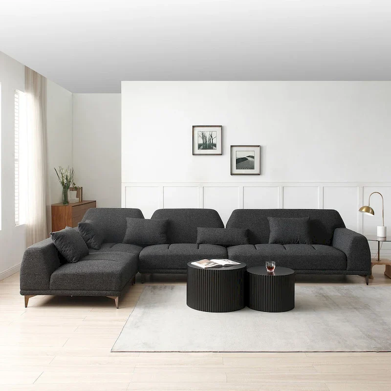 Modern Large Removable Sectional Sofa Grey Fabric with Pillows