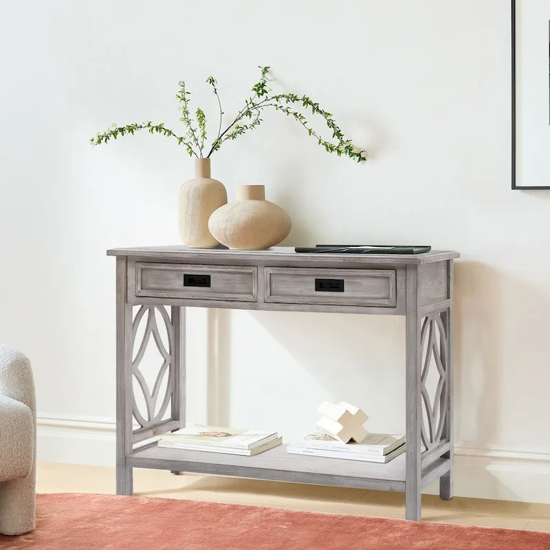 Grey Washed Wood 2-Drawer 1-Shelf Console and Entry Table - 32.7 H x 47.2 W x 13.8 D