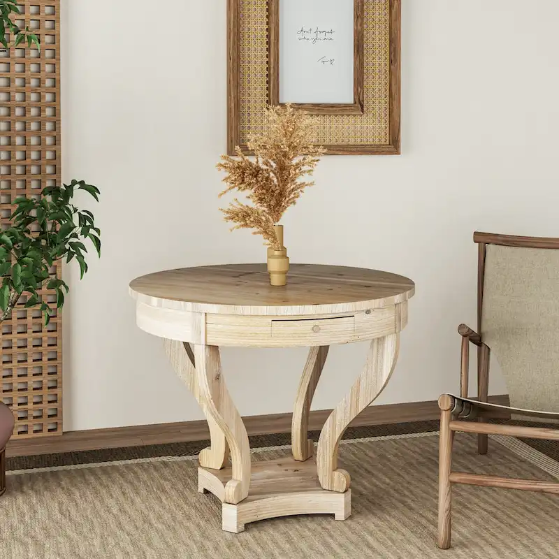 32 in. Farmhouse Wooden Small Size Round Dining Table End Table Coffee Table
