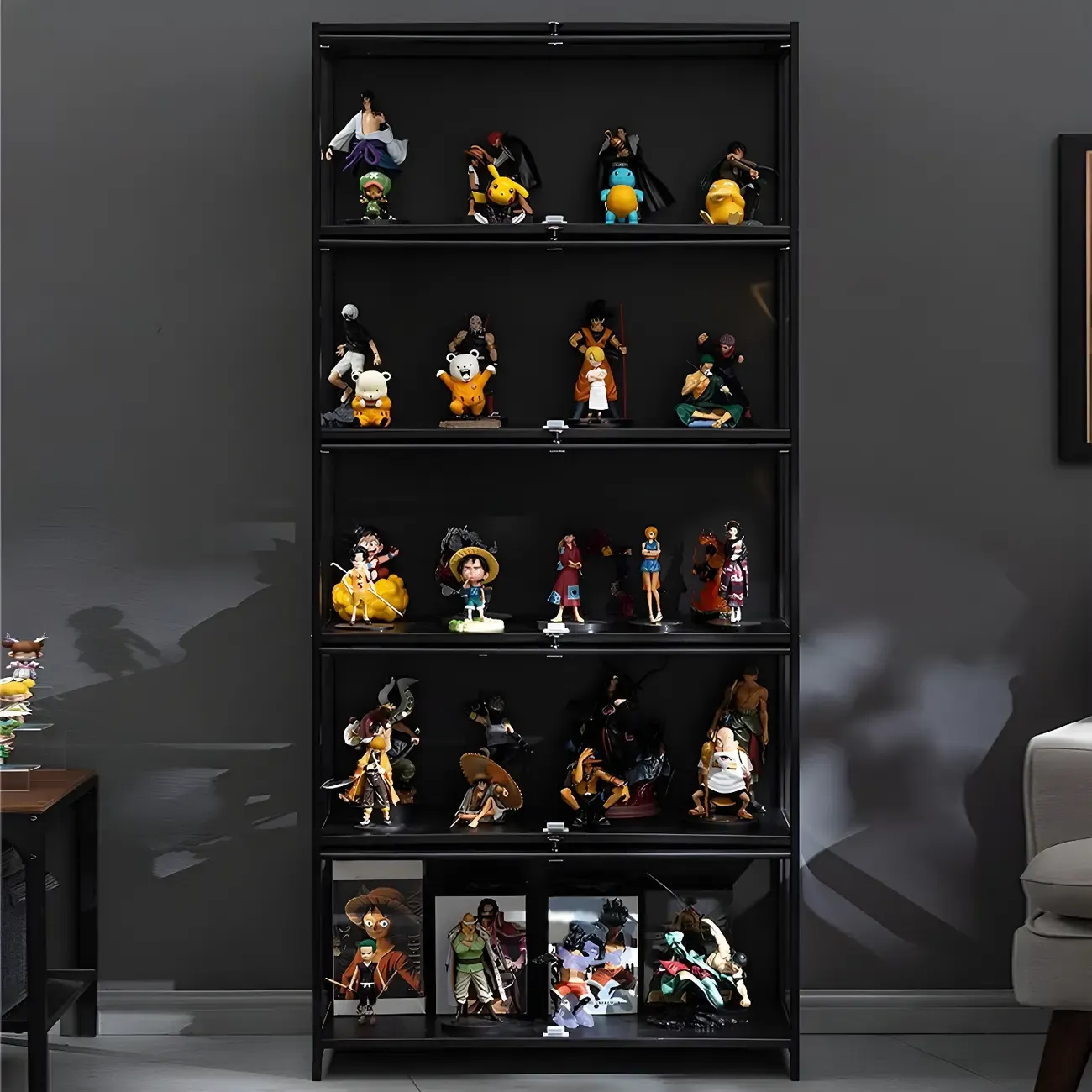 Elegant Black Bamboo Clear Figure Display Cabinet