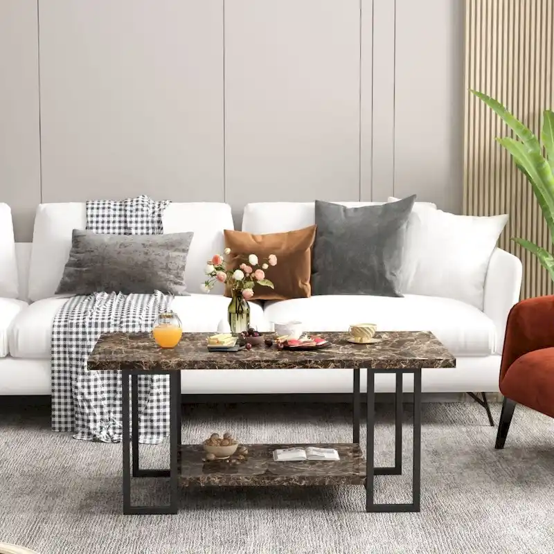 Mieres 39  Wide 2-Tier Faux Marble Top Coffee Table with Steel Frame