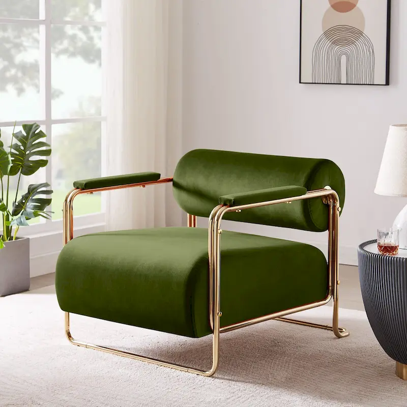31 Wide Velvet Armchair with Cylindrical Backrest and Metal Frame
