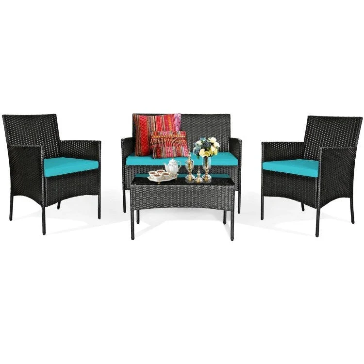 4 Pieces Patio Rattan Cushioned Sofa Set with Tempered Glass Coffee Table - 24 x 23.5 x 33 (L x W x H)