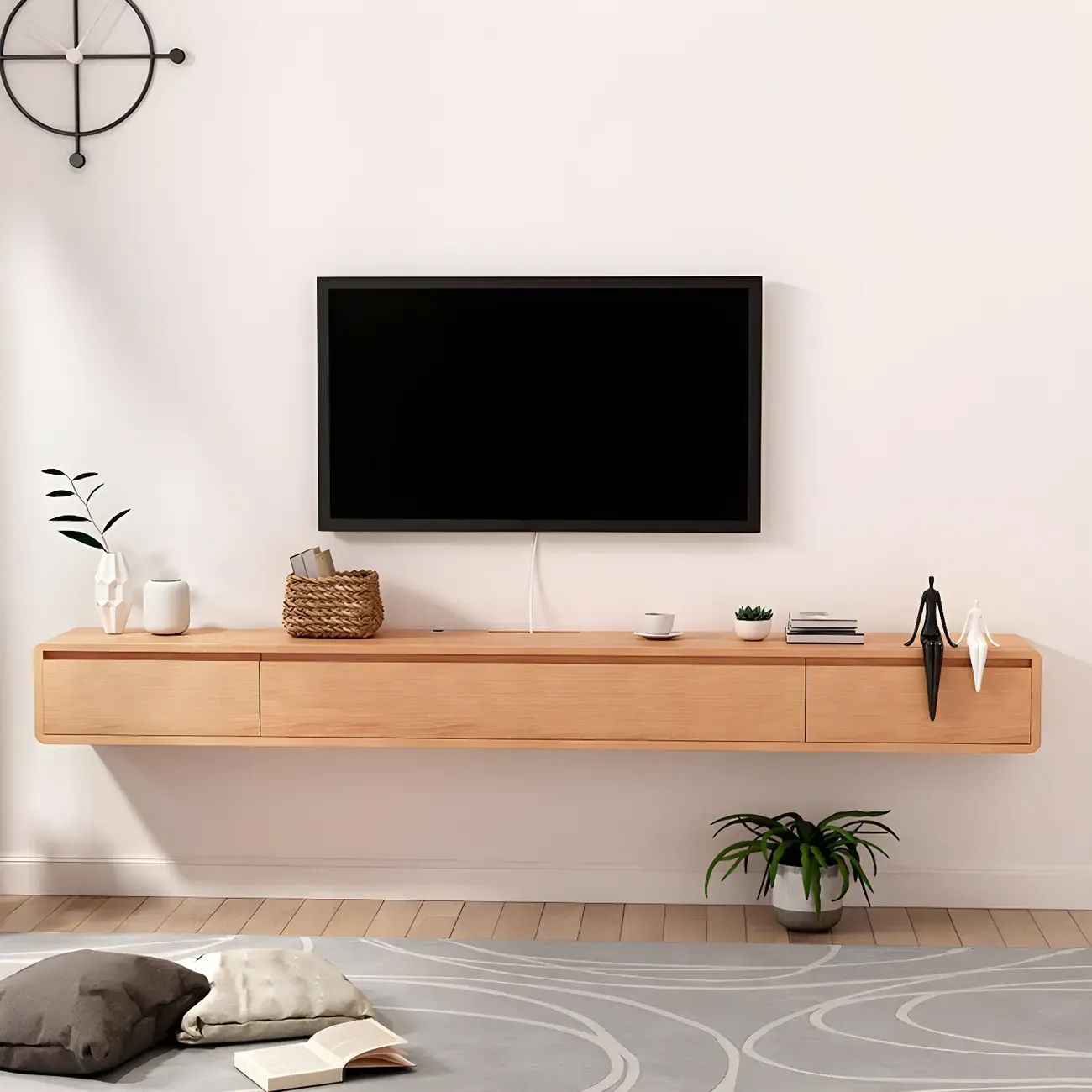 Scandinavian Wood Floating TV Stand with Cabinet