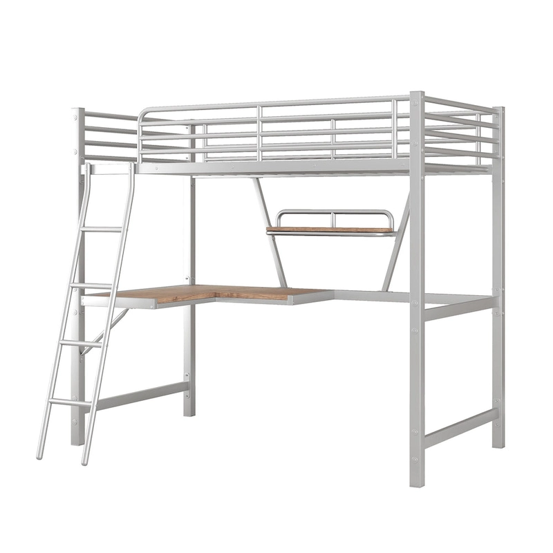 Metal Loft Bed with Desk and Guardrail