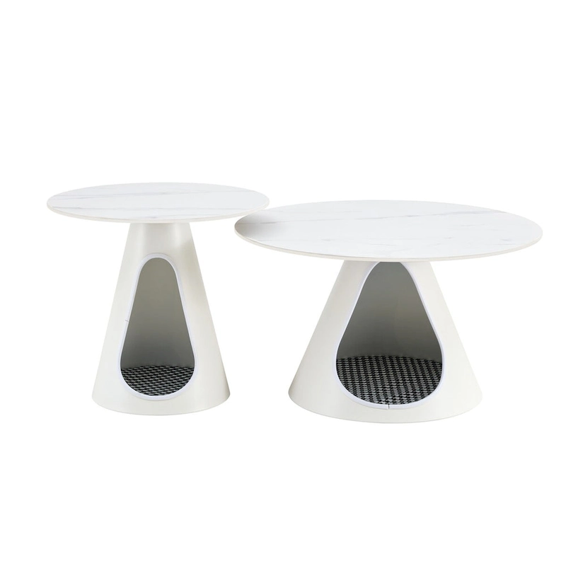 Set of 2 Coffee Round Tables With a Marble-Look top and steel base with 2 cat beds Multifunctional and stylish entable